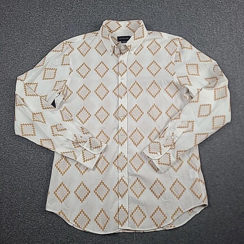 Outclass Button Up Shirt Mens Large Long Sleeve White Geometric Diamond Cotton